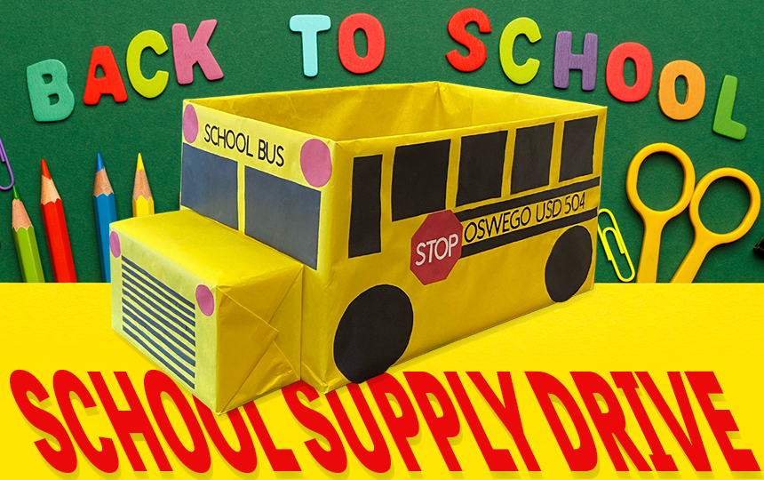 School bus in front of school supplies