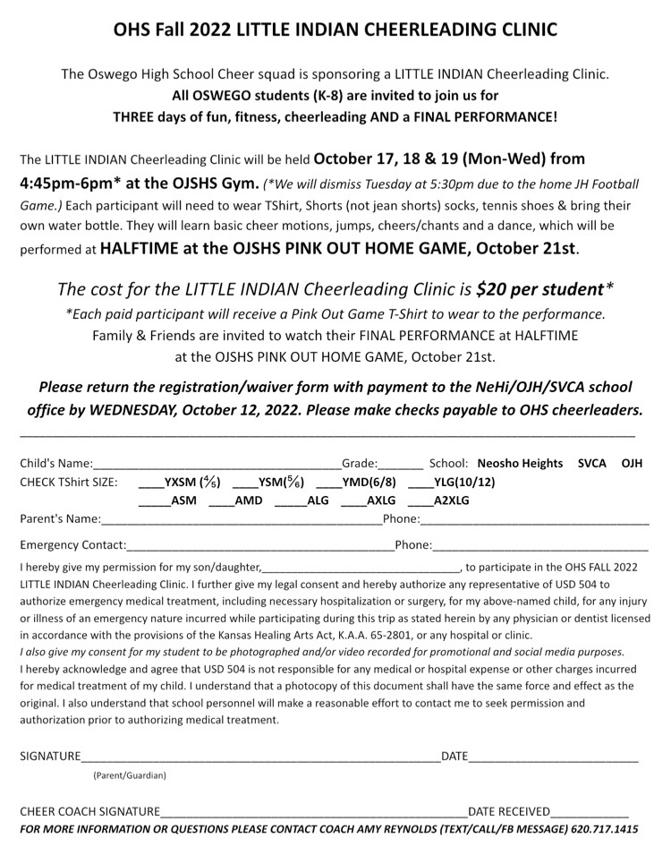 Little Indians Cheer Clinic Form
