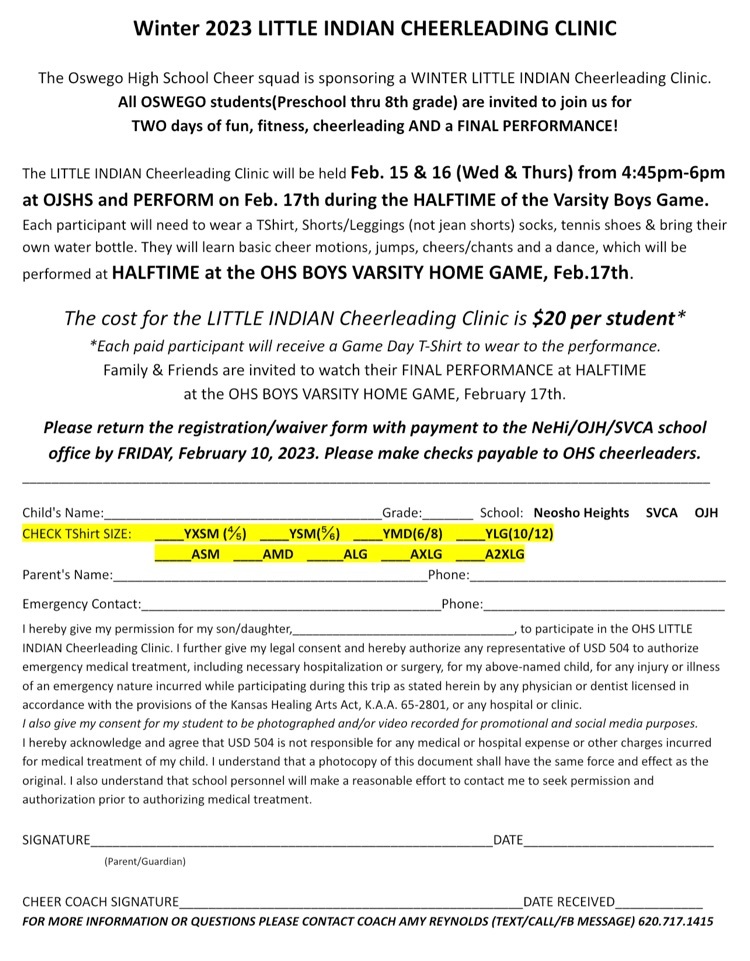 Winter Little Indians Cheer Clinic Form